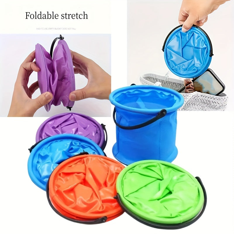 1 collapsible bucket with handle, suitable for beach, travel, outdoor activities. Comes in random colors: blue, purple, orange, green.