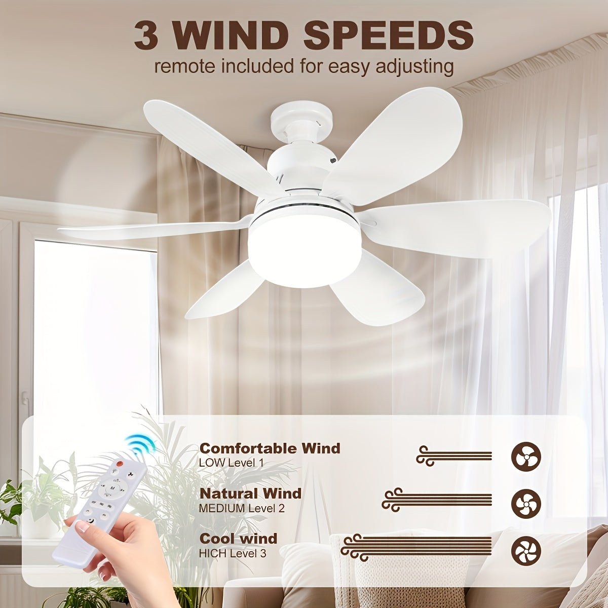 Ceiling fan light with remote control and multifunctional socket. Dimmable color temperature and simple style. Easy installation, suitable for various rooms. LED light fan with 25-40W power