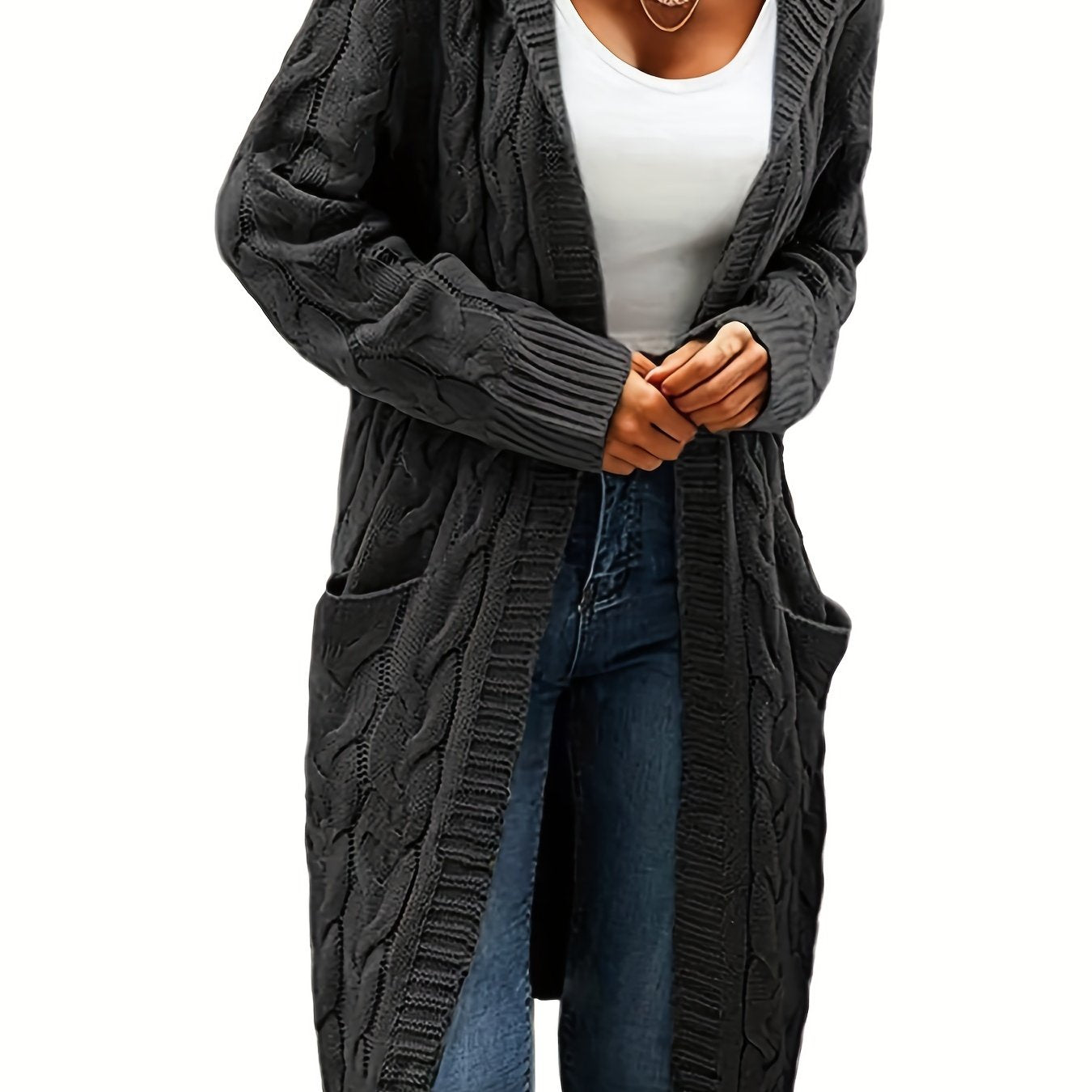 Casual hooded cardigan with cable knit pattern and front pockets, made of cozy acrylic for fall/winter. Machine washable and perfect for layering.