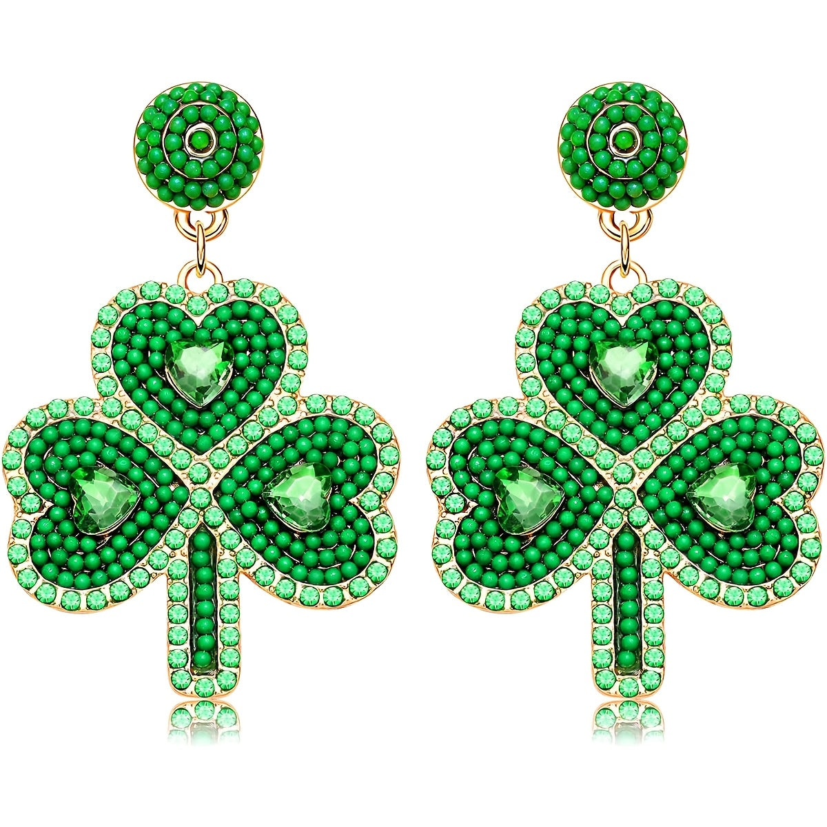 Celebrate St. Patrick's Day in style with these stunning Green Clover earrings adorned with handcrafted beaded rhinestones. Perfect for an Irish festival, this unique jewelry gift for women is made from high-quality Zinc Alloy and Stainless Steel in a