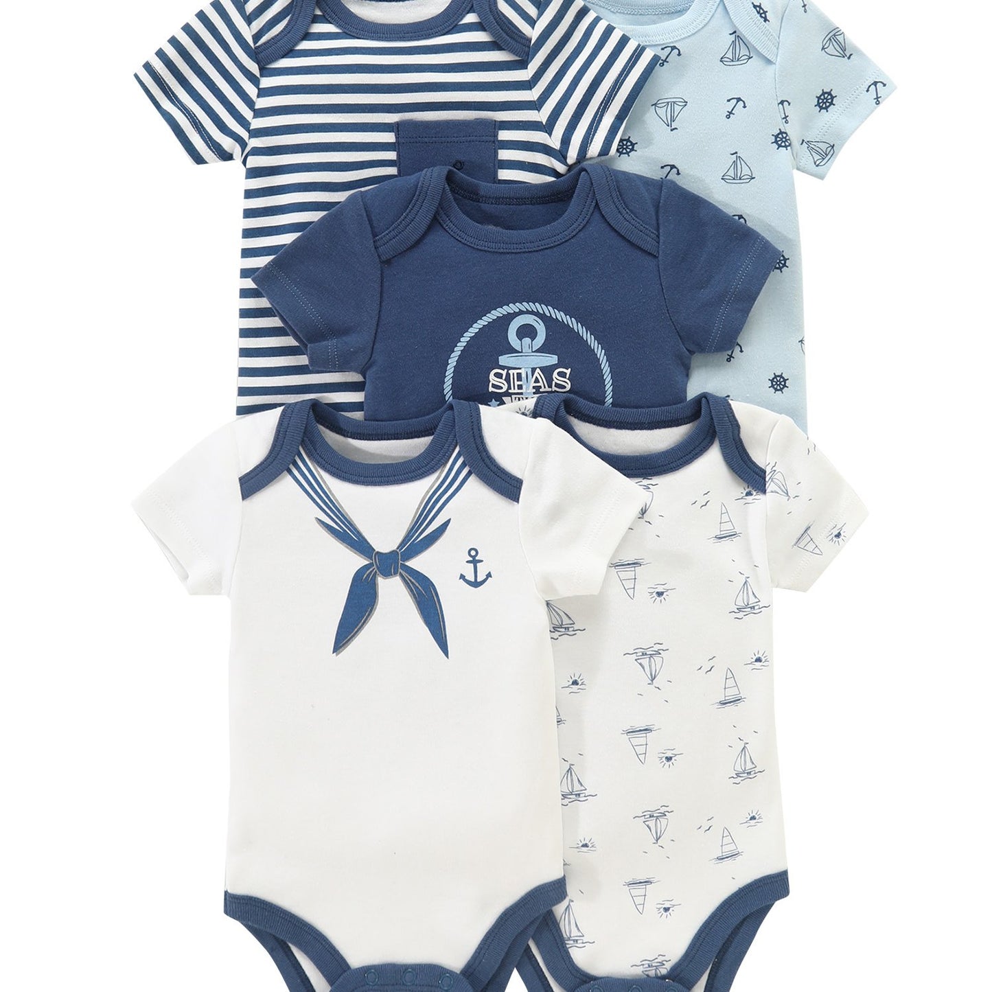 5pc Newborn Baby Boy Bodysuit Set with Cute Graphics for Spring and Fall Outdoor Wear.