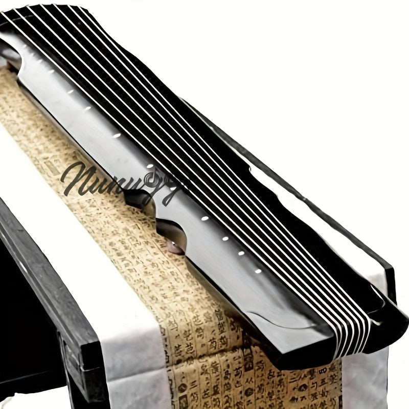 NUNUGGS Traditional Chinese Guqin made of solid paulownia wood with elegant black finish and golden tone tuning pins. Suitable for beginners, photo props, and antique interpretation.