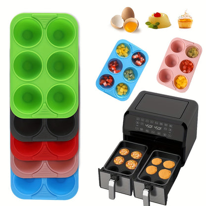 1 piece or pack of 5 pieces, Food-Grade Silicone Egg Bite Mold measuring 17.98cm X 11.94cm. This mold has 6 cavities and can also be used as a cake baking pan for rectangular dual-pot air fryers. It is heat resistant, easy to clean, and safe for use in