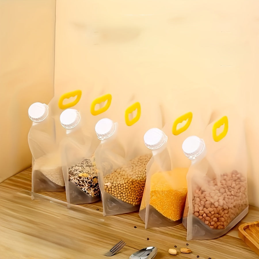 Five reusable food storage bags with vacuum seal, moisture-proof technology, perfect for keeping grains, flour, and beans fresh. Made from BPA-free plastic, these bags are hand washable and a great kitchen organizer.