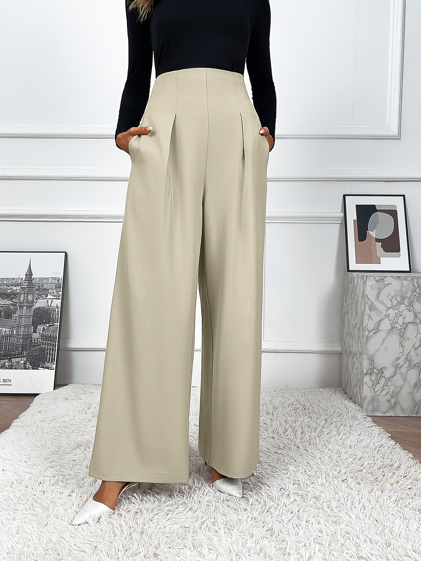 Women's wide leg pants in solid color, made from polyester elastane blend with pocket details for casual wear in spring and summer.