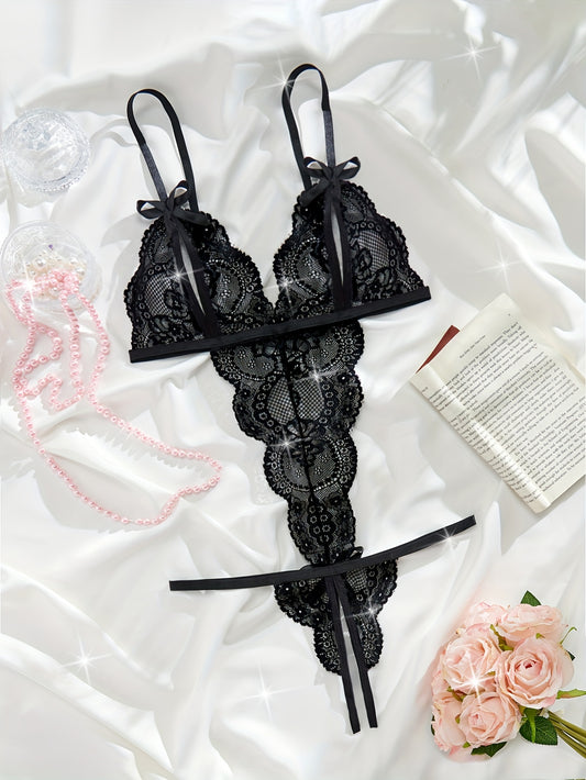 Floral lace teddy with bow knot, revealing cups and open crotch - sexy lingerie for women.