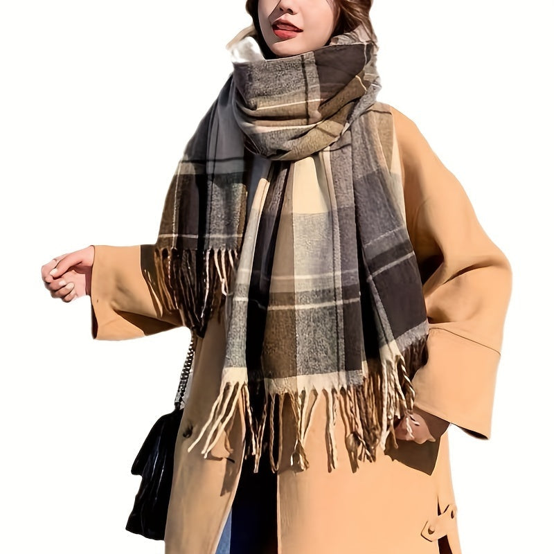 Elegant Vintage British Plaid Scarf - Cozy, Plush & Fashionable with Tassels for Both Men and Women, Faux Cashmere Material, Ideal for Autumn/Winter Seasons