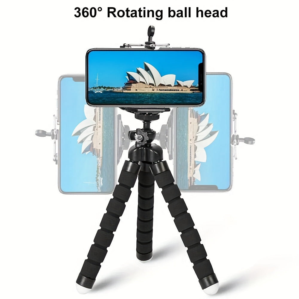 Durable octopus holder doubles as a camera stand for iPhones and other models. Foldable and versatile for photography.