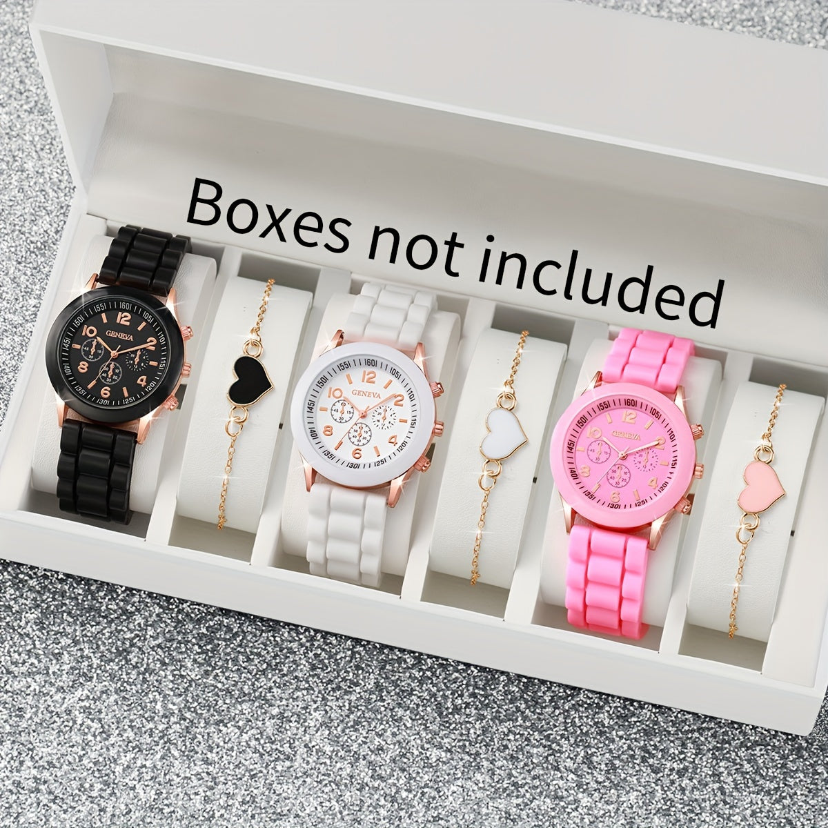 6-piece Women's Fashion Casual Watch Set with quartz movement, silicone band wristwatches, heart bracelet, and non-rechargeable button battery included.