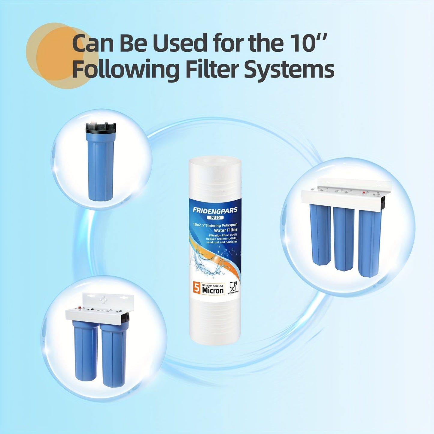 Set of four 25.4x6.35cm water filter cartridges with 5 micron trench sediment, that fit AP110, WHKF-GD05, and CFS110 models. These standard capacity whole house replacement filters are ideal for purifying water.