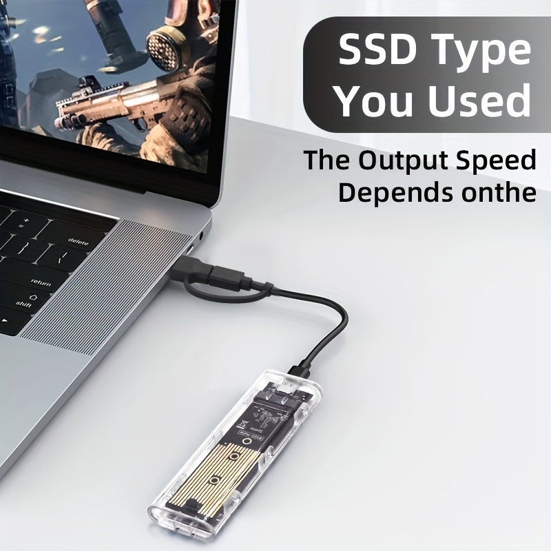 Clear USB Type C enclosure for M.2 NVME SSD with 10Gbps transfer speed.