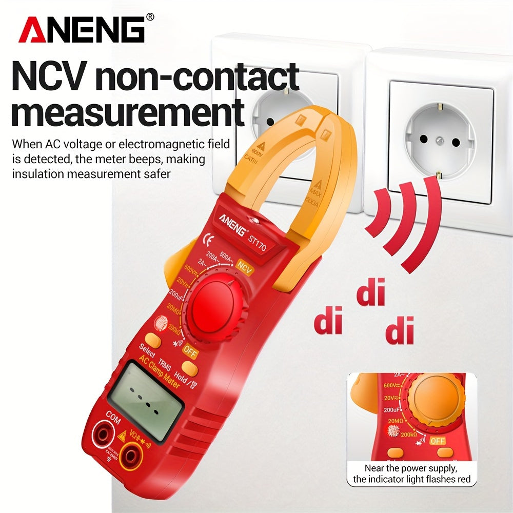 ANENG ST170 is a digital clamp meter with 500A AC current, 1999 counts, AC/DC voltage testing, Hz measurement, capacitance testing, non-contact voltage detection, resistance testing, and