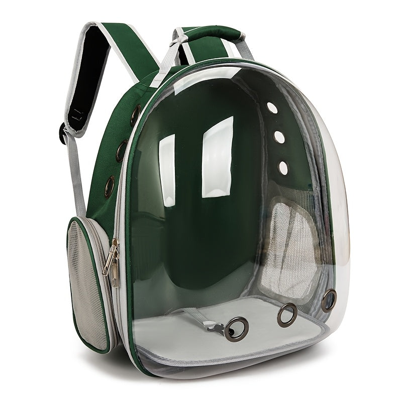 See-through PVC cat carrier backpack with breathable space capsule design and zipper closure for comfort and portability.