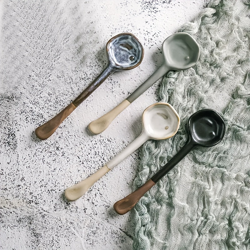 Get a set of stylish Retro European Style Ceramic Coffee Spoons - includes 4 pieces. These heat-resistant spoons are perfect for stirring coffee, salads, breakfast, or soups at family gatherings. Ideal for use in kitchens, dormitories, or restaurants. A