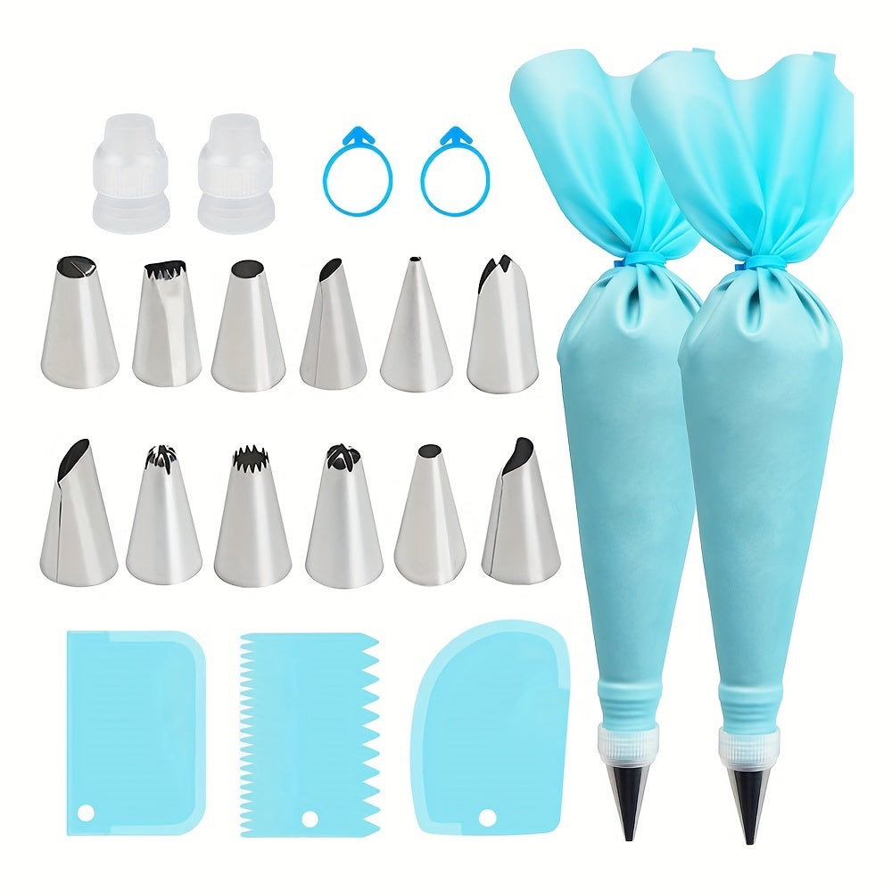 21-piece Cake Decorating Set with Piping Bags and Tips, Includes Reusable Pastry Bags, Silicone Rings, Standard Converters, and Tools for Cookie, Cake, Cupcake, and Baking Decoration