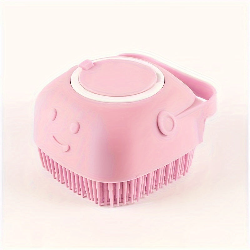 Silicone pet shampoo brush with dispenser for dogs and cats - no batteries needed.