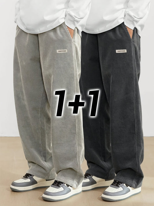 Unisex Mid-Waist Straight Leg Pants in a 2-Pack, Casual Polyester with Drawstring Waist and Corduroy Detail, Loose Fit Solid Color Clothing for Men All Seasons 2024.