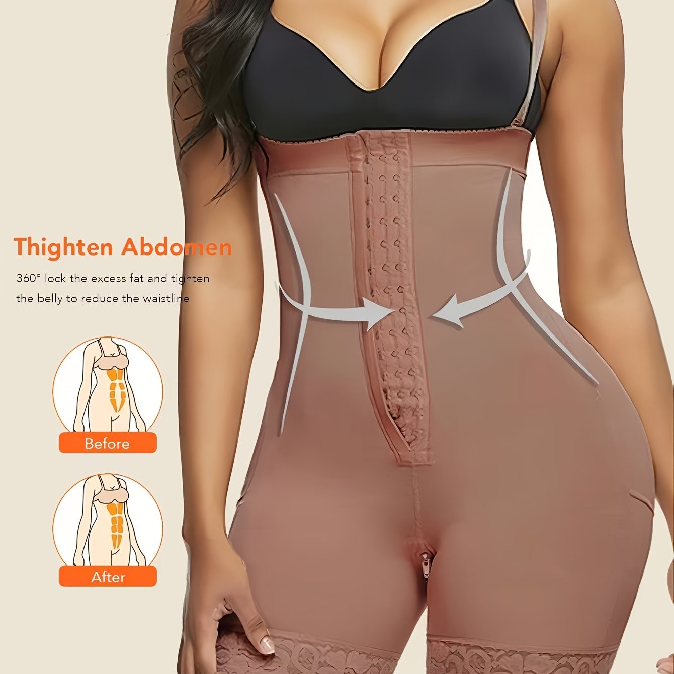 High-waist body shaper with firm control and zipper crotch. Made of polyamide knit fabric with elastane blend. Solid color with button front detail.