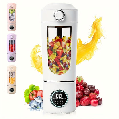 Portable juicer with digital display, compact design, and USB rechargeable battery. Suitable for making smoothies, milkshakes, and fresh fruit juice. Features easy-cleaning 12-blade system, double lid, and ice crusher. Perfect for travel and on-the-go