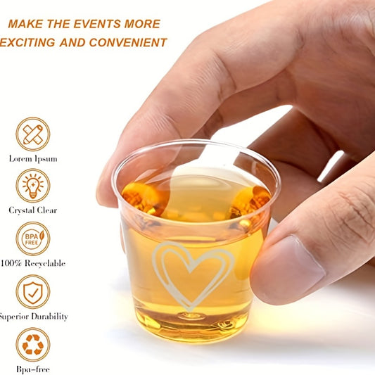 50 or 100 elegant heart-shaped disposable plastic cups with lids, ideal for weddings and parties. Recyclable, lead-free, and shatterproof, perfect for serving coffee, desserts, and more.