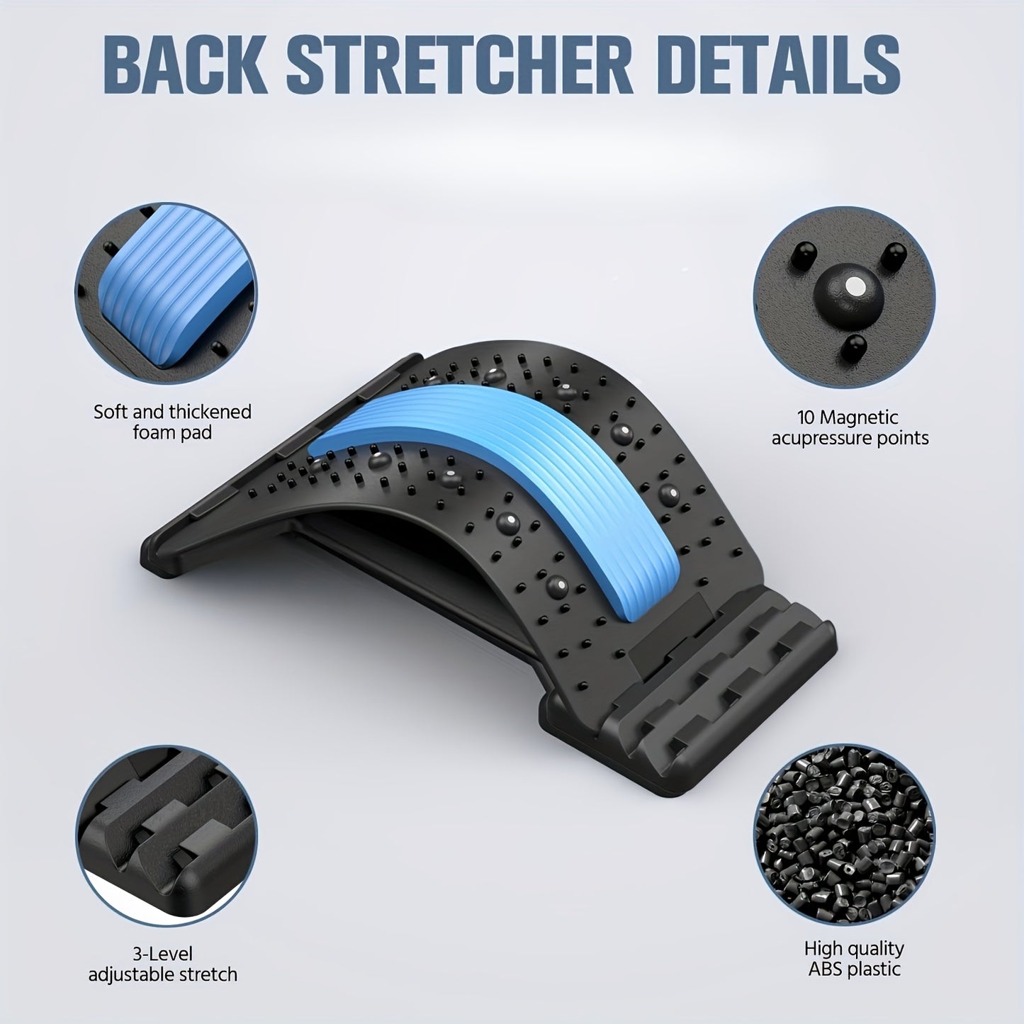 Adjustable back spine stretcher for lower and upper back relief without battery.