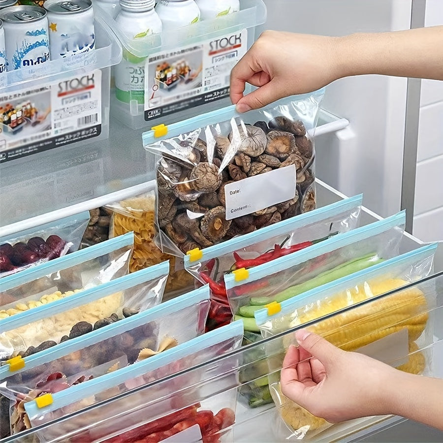 Set of 10 reusable kitchen storage bags featuring slide seal closures - ideal for storing food, snacks, and travel essentials. Made from durable plastic, these bags are perfect for organizing items in the fridge, freezer, pantry, and closet.