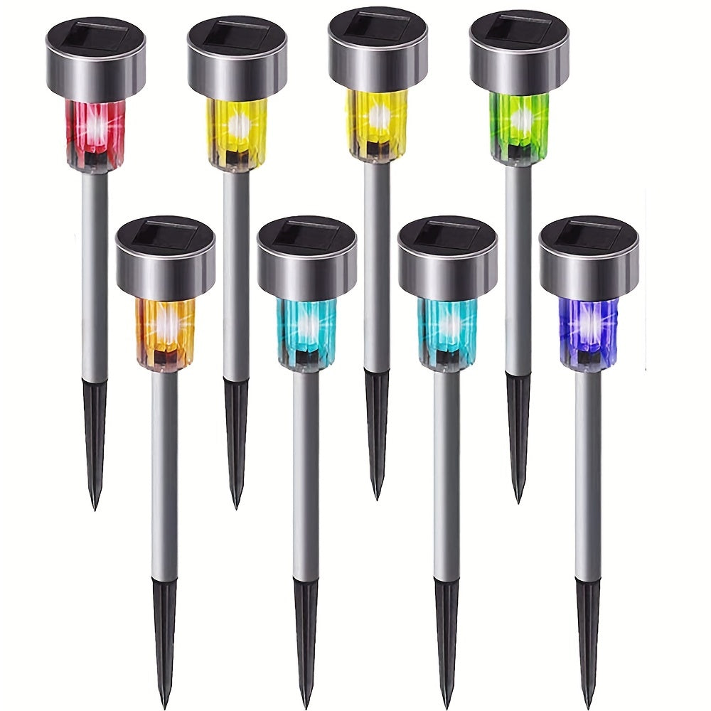 Solar LED lights for outdoor use, including courtyards, lawns, paths, decks, driveways, and gardens. Perfect for holiday parties and garden walkway decoration. Available in 8, 10, or 12pcs