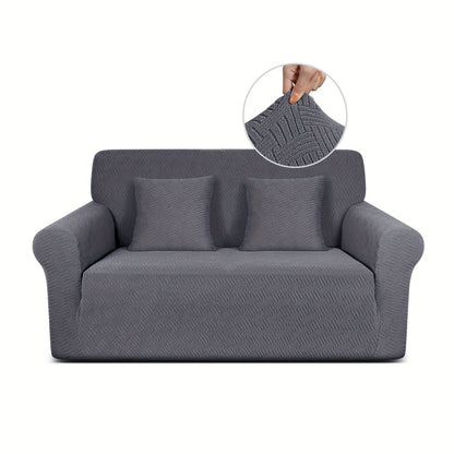 Pet-friendly sofa cover in gray striped jacquard fleece with elastic band, non-slip bottom, and all-season dust protection. Stylish and snug fit for living room furniture.