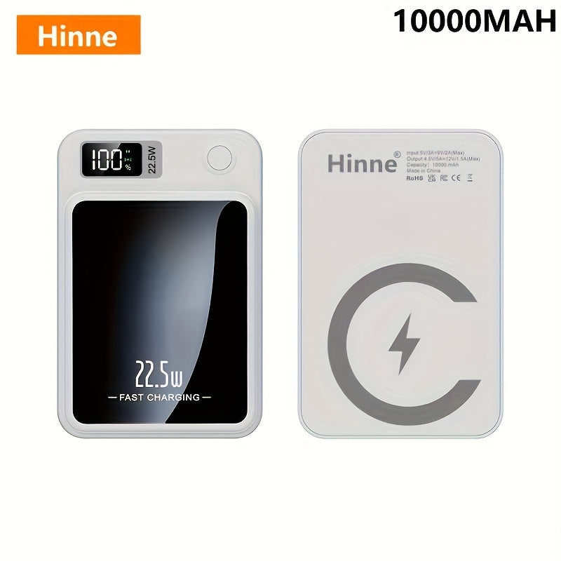 5000/10000mAh Hinne Mobile Power Bank with Super Fast Charge, Wireless Charging, LED Display, and Outdoor Emergency Backup.