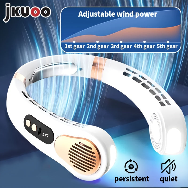 Introducing the JKUOO 2025 Neck Fan – Now with Upgraded USB Rechargeable Technology! This portable personal cooling device features a built-in lithium battery for unmatched convenience. Enjoy quiet operation with 5-speed adjustment options and LED lights