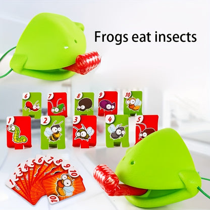 Interactive frog tongue-action game set for kids aged 3-6 includes masks, tongues, target sheets, and numbered tiles. Educational board game made of plastic for 2-4 players.