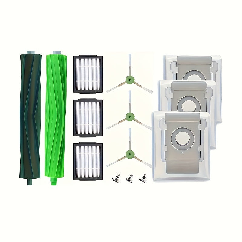 Replacement parts kit for Irobot Roomba vacuum robots in the I and J Plus series, includes 10 pieces: 1 set of roller brushes, 3 HEPA filters, 3 side brushes with screws, and 3 garbage replacement bags. Comes in a worry-free package.