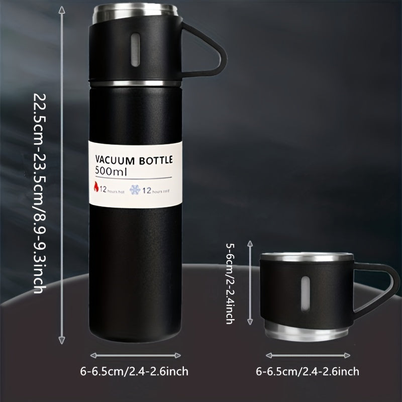 Business thermal mug with stainless steel thermo material, 500ml capacity, vacuum insulated bottle with cup for hot and cold drinks.