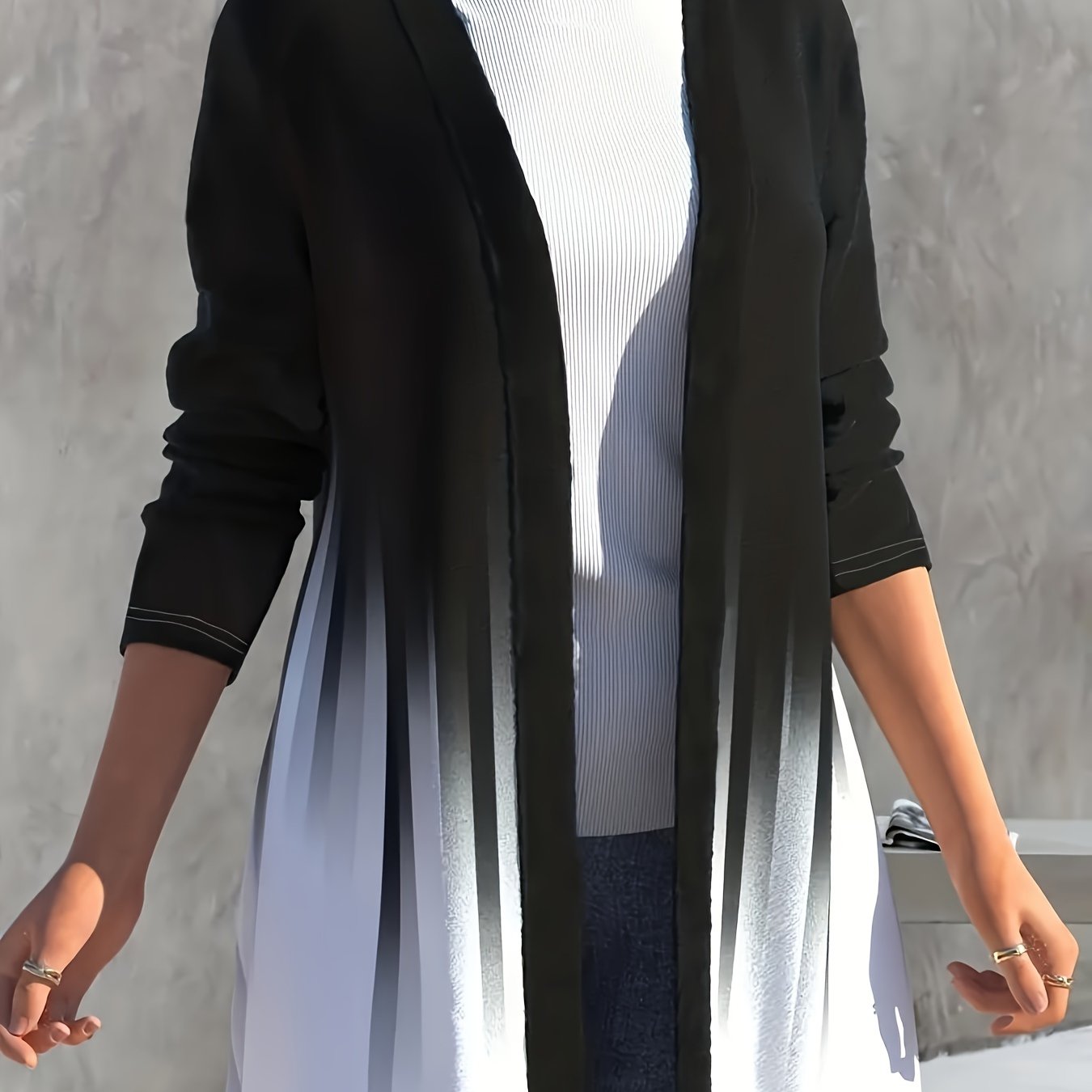 Elegant black to white ombre cardigan for plus size women. Features long sleeves, asymmetric hem, and lightweight polyester blend. Machine washable.