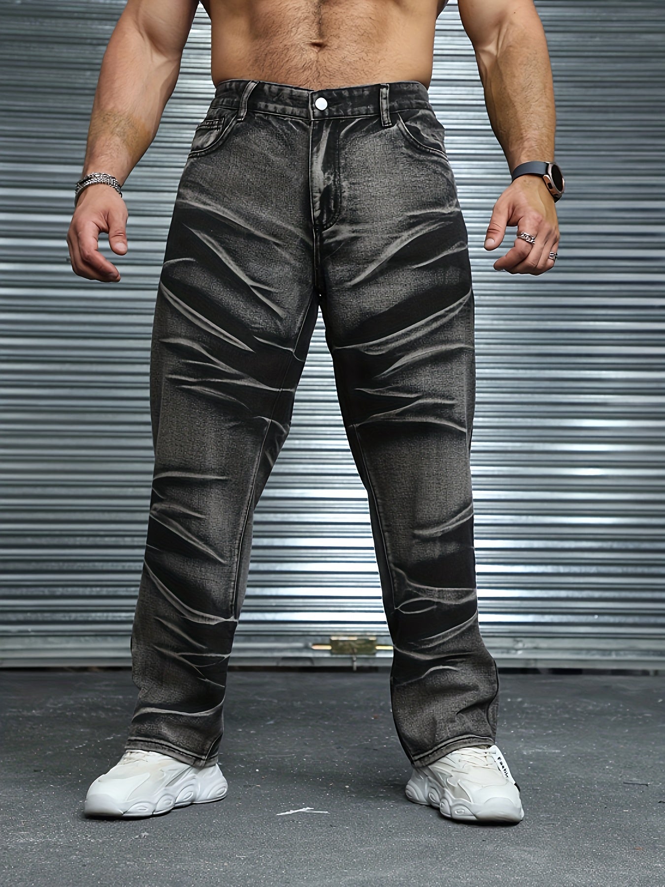 Men's plus size tie-dye denim jeans with unique asymmetrical design