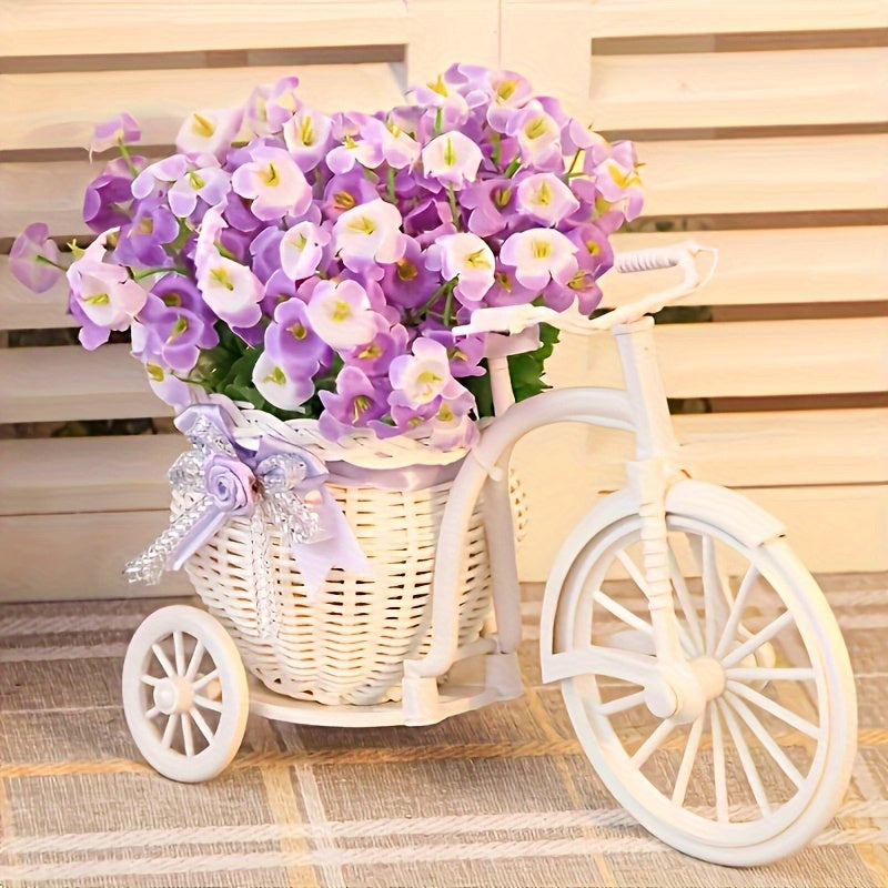 Stylish artificial flower pot on rattan cart for living room decor and supermarket displays.