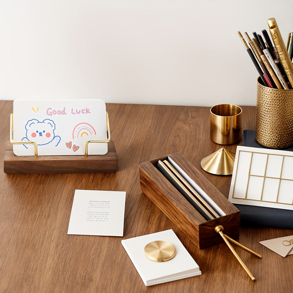 Walnut wood business card holder for desk display and organization.