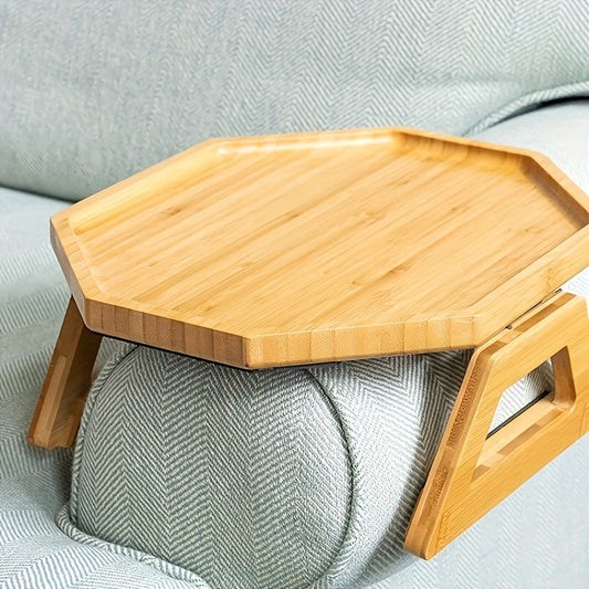 A foldable bamboo arm tray for your vintage hardwood sofa, featuring a pine wood top. No electricity required.