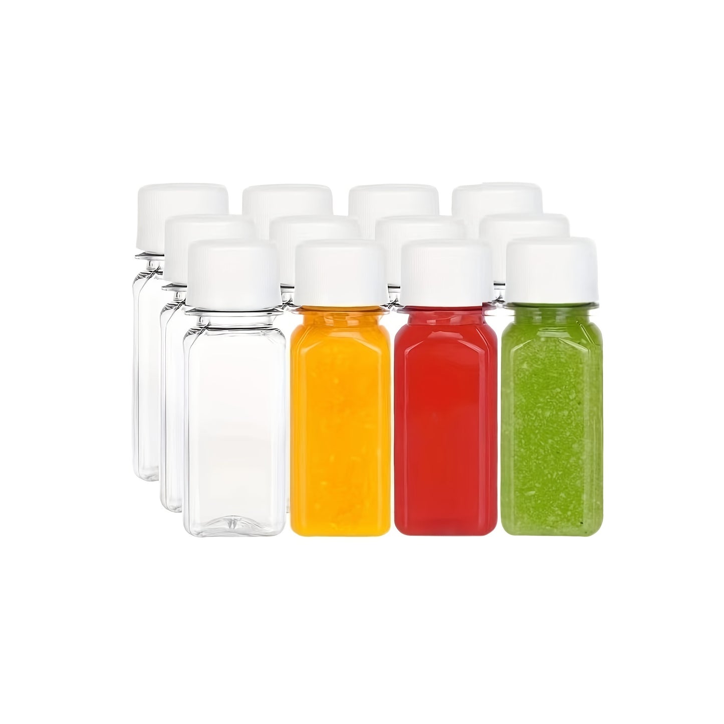 Leakproof 2oz mini shot bottles with screw caps made from food-grade plastic. Ideal for juice and wellness shots. Freezer safe and BPA-free.