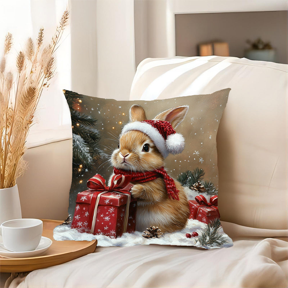 One piece of a short plush decorative pillow featuring a Netherland Dwarf rabbit design, measuring 45.72cm x 45.72cm. The design showcases a brown rabbit celebrating Christmas, perfect for adding a festive touch to your sofa, living room, bedroom, or