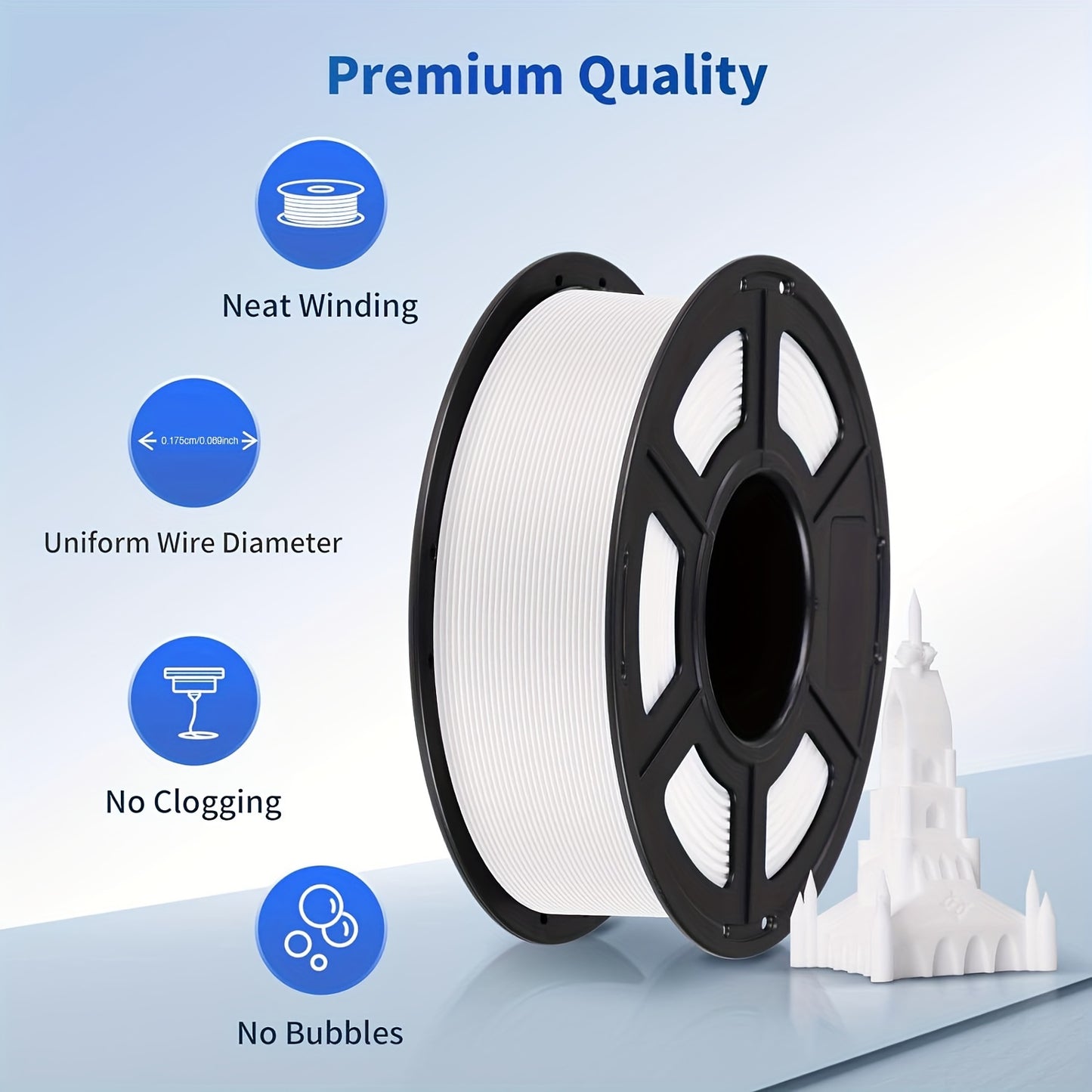 2 bundles of 1.75mm PLA Filament for 3D Printing, total 2kg. No-tangling, strong bonding, and high overhang performance. Accuracy of +/- 0.02mm. Each bundle is neatly wound and weighs 1kg