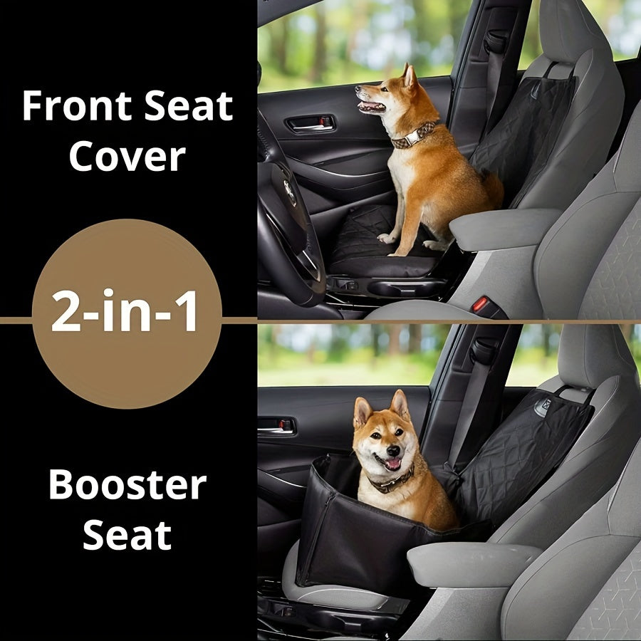 Waterproof fabric dog seat cover with seat belt tether, quilted design, and non-slip bottom. Durable protector for cars, trucks, and SUVs with universal fit and four zipper access.