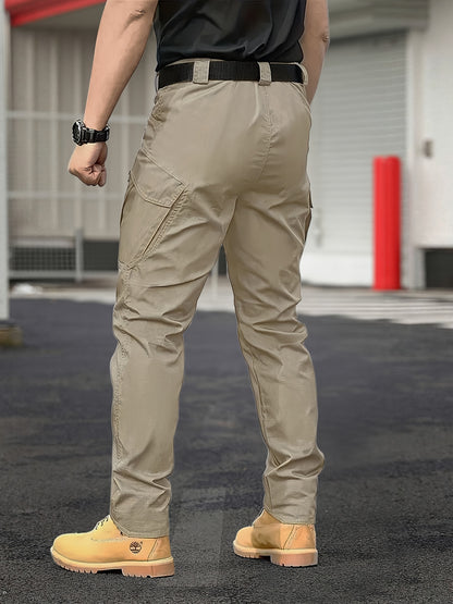 Men's Tactical Cargo Pants in solid color, made with 100% polyester. Features street style, regular fit, all-season wear, slight stretch, multi-function pockets, and zipper. Suitable for