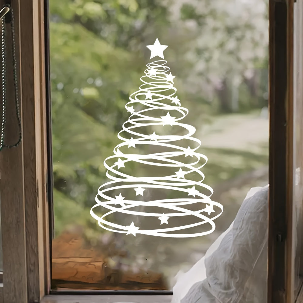 Glass sticker for Christmas tree design with a rustic cartoon look, made of 7mil PVC material with self-adhesive backing. This sticker is reusable and has a matte finish. It is rectangular in shape and perfect for decorating windows and doors in your