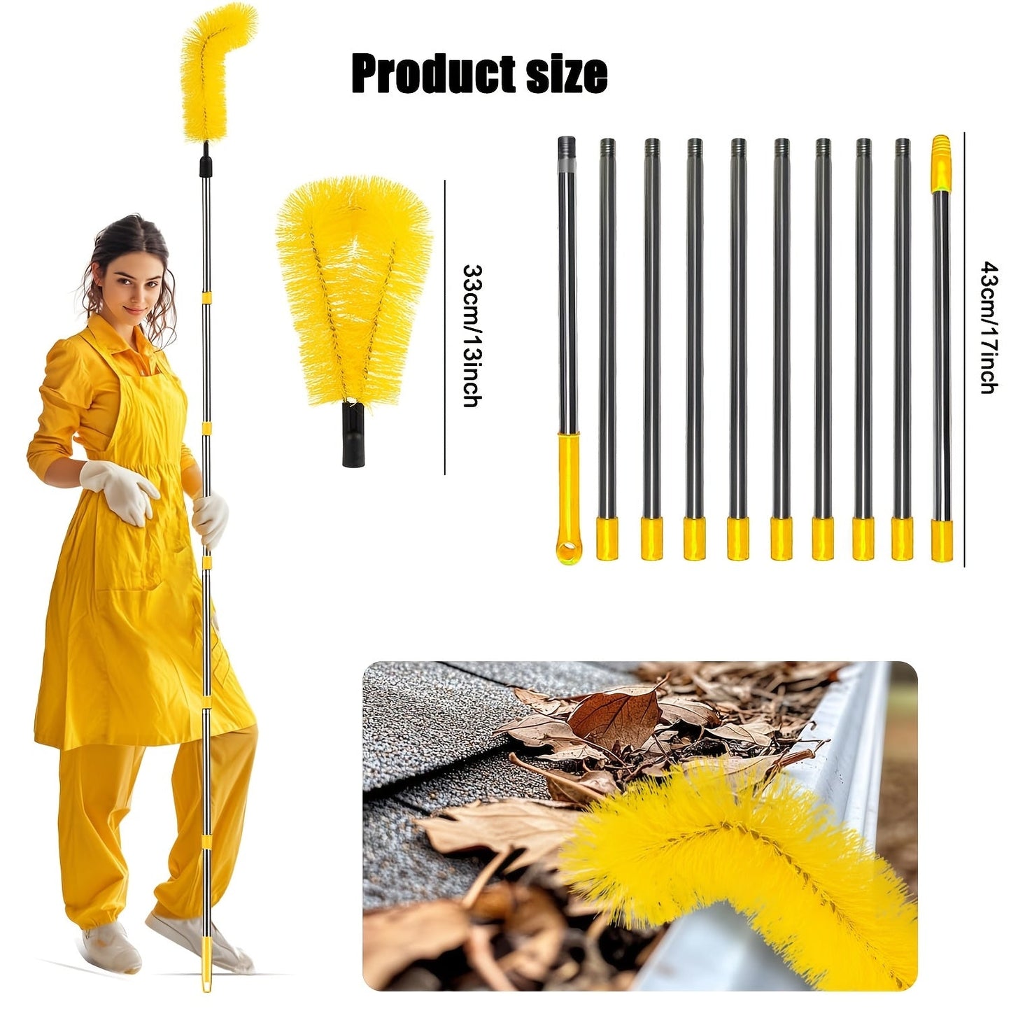 1 piece of a gutter cleaning tool measuring 4.57 meters in length. This long reach gutter brush roof tool is designed to easily remove leaves and debris from the roof. It is a must-have cleaning supply.