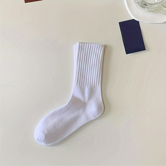 5 pairs unisex plain color crew socks, versatile and breathable for casual or sports wear.