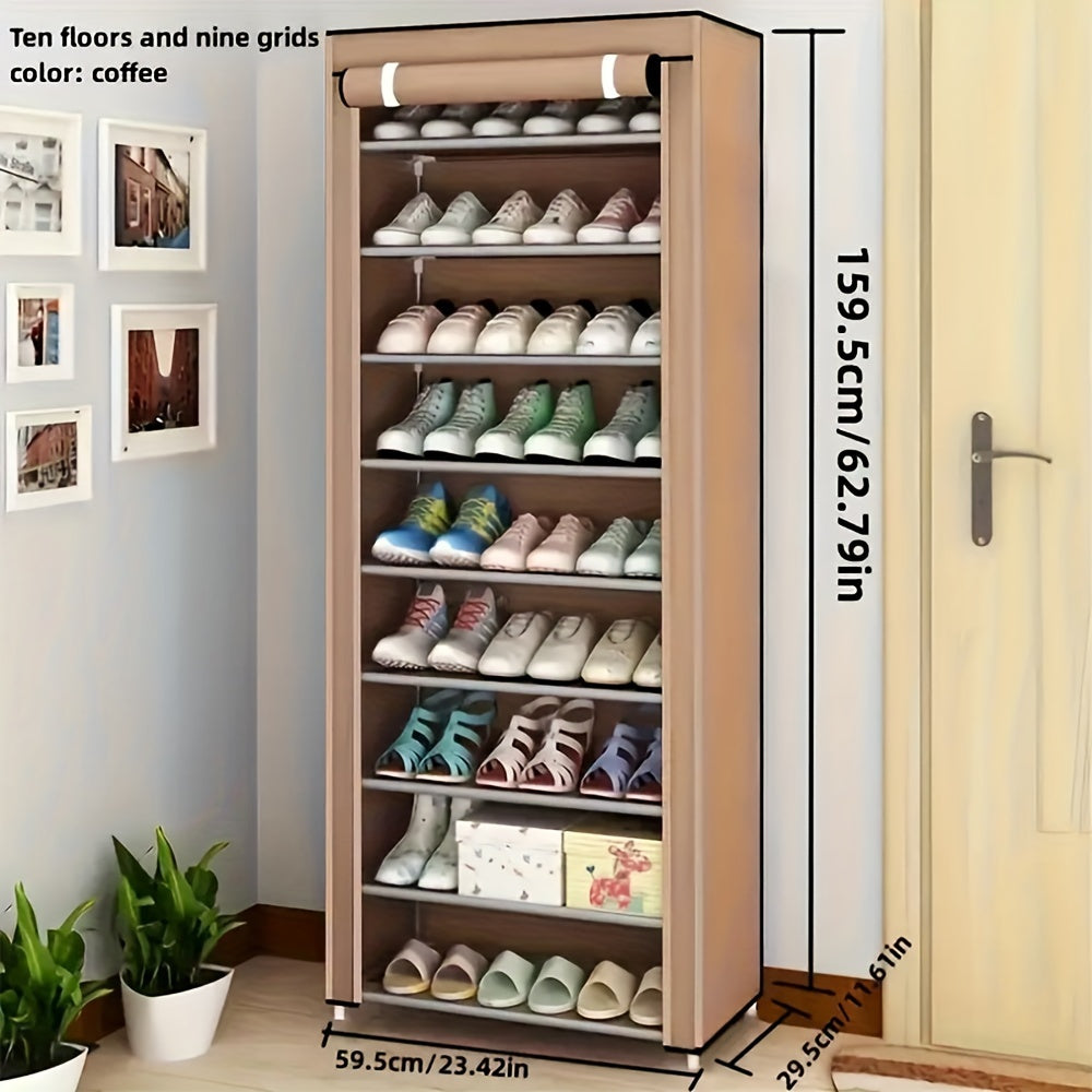 Simple Shoe Cabinet with 10 Layers and 9 Grids, Made of Non-woven Fabric, Dust-proof and Multi-functional Shoe Storage Solution for Household and Dormitories - Easily Assembled, Lockable, and Ideal for Large-capacity Storage in Bedrooms and Living Spaces.