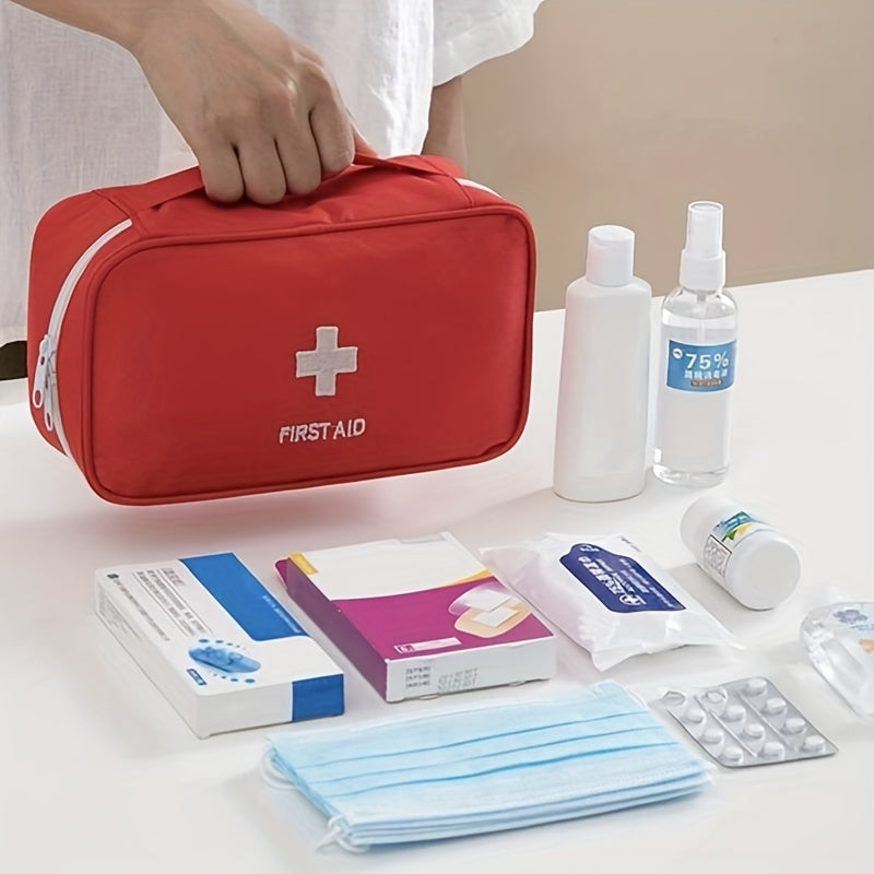 Portable first aid bag made of Oxford cloth with slogan graphic, positioning printing, and no edge paint for organizing medical supplies during travel emergencies.