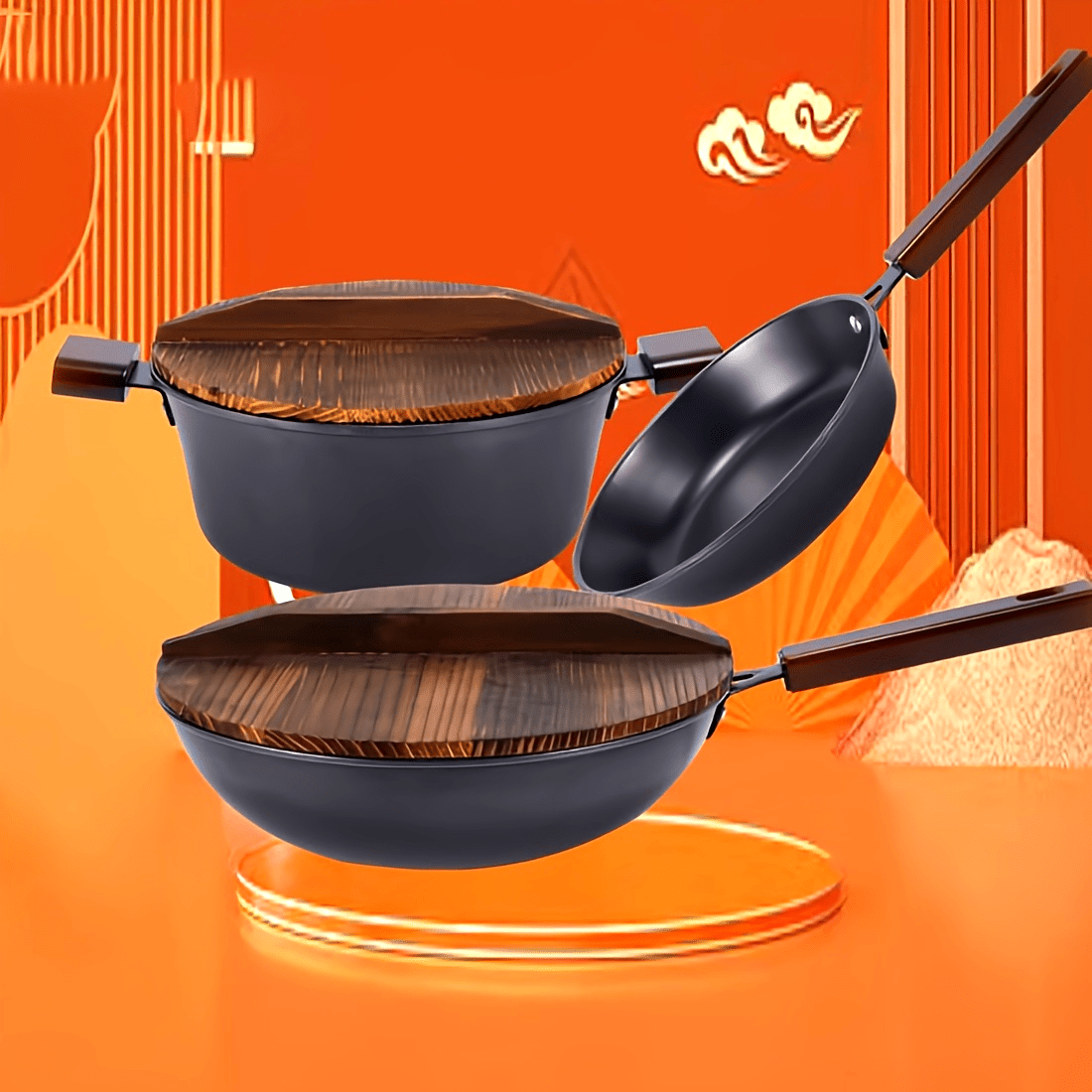 Vintage Kitchen Three-piece Set includes a 32cm Wok, 24cm Soup Pot, and 24cm Frying Pan. Set comes with 2 Charcoal Burning Wooden Covers, made from Original Cast Iron with Charcoal Burning Wooden Handles. Features Non-stick Layer Technology and an