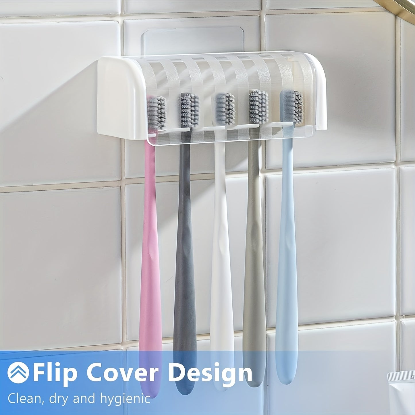 Wall mounted toothbrush holder holds up to 5 toothbrushes, no electricity required, ideal for dorms and showers.